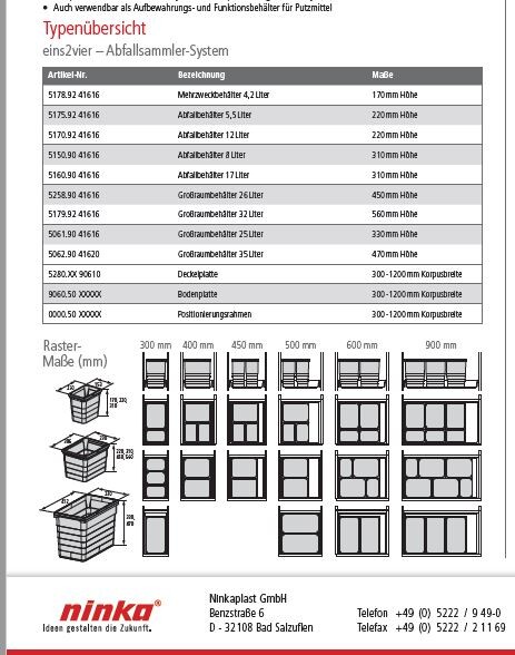 Typenübersicht Abfallsammler-System mit Tabellenliste, Maßen und Rastergrafik.