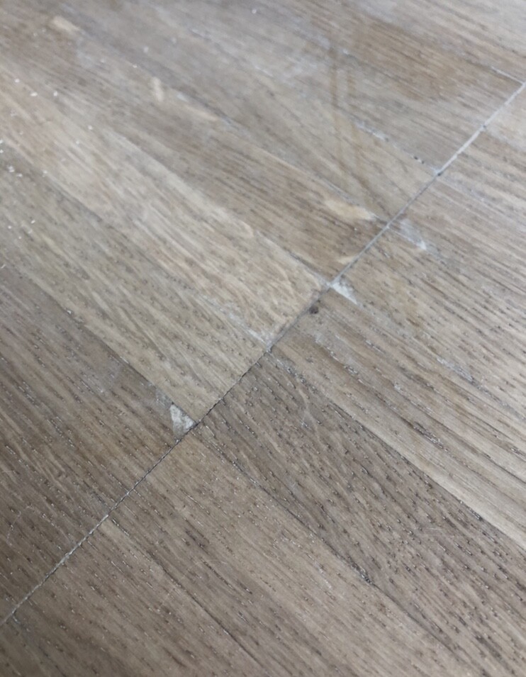 Nahaufnahme eines Holzbodens mit sichtbaren Fugen und leichtem Staub.