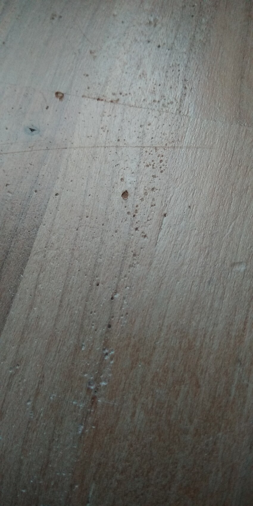 Nahaufnahme einer Holzoberfläche mit Kratzern, Flecken und kleinen Vertiefungen.