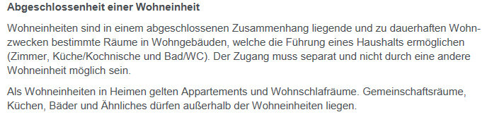 Abgebildet Text zur Abgeschlossenheit einer Wohneinheit: eigenständiger Zugang, Räume, Küche, Bad.