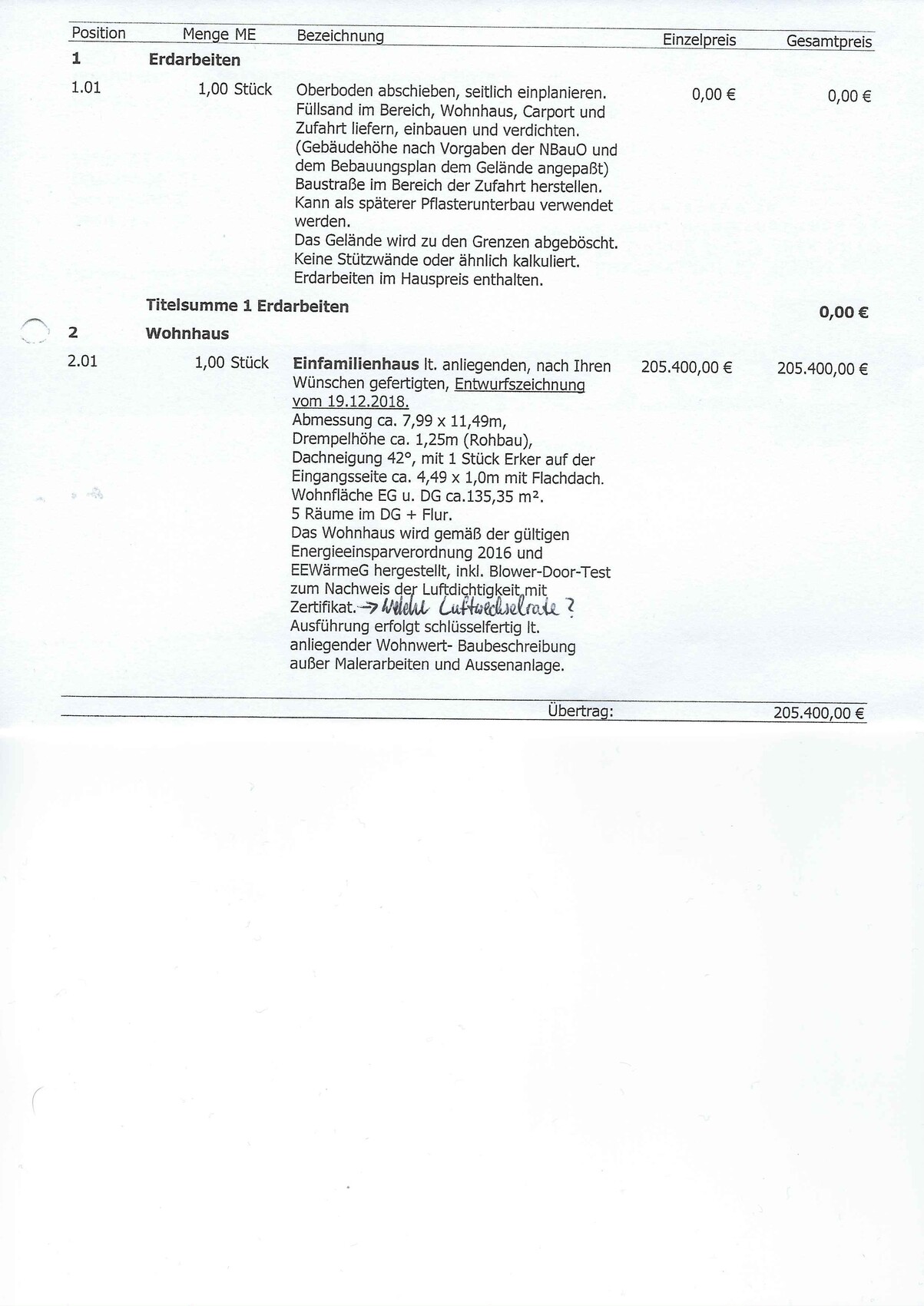 Preisübersicht für Erdarbeiten beim Wohnhausbau mit Positionen Bezeichnungen und Preisen