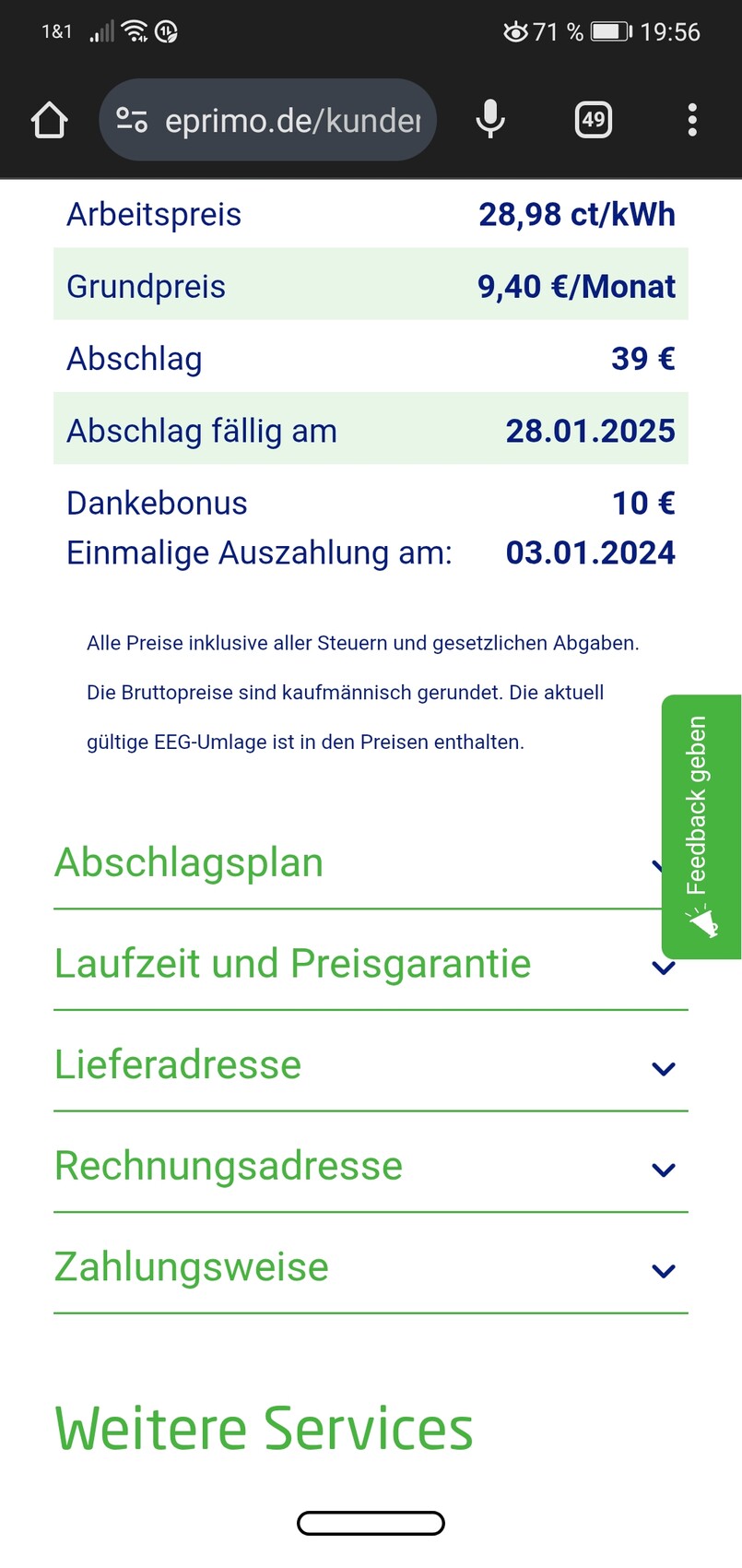 Strompreis-Übersicht: Arbeitspreis 28,98 ct/kWh, Grundpreis 9,40 €/Monat, Abschlag 39 €.