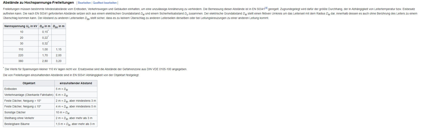 Abstände zu Hochspannungs-Freileitungen (EN 50341) mit D_el, D_pp und Objektabständen.