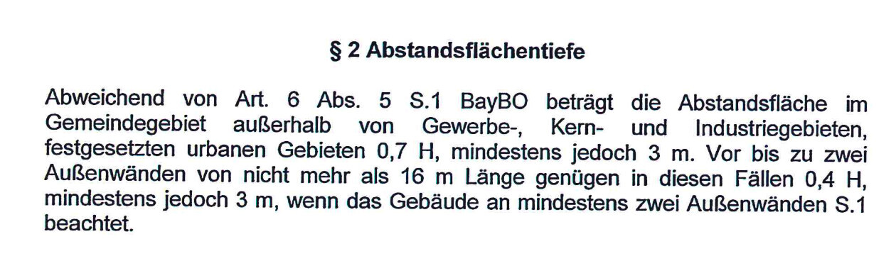 §2 Abstandsflächentiefe: Regelung 0,7 H oder 3 m außerhalb von Gewerbegebieten.