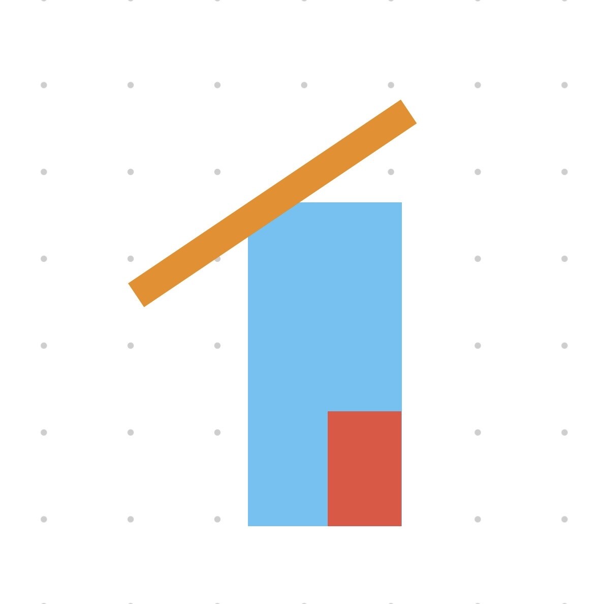 Abstrakte Grafik mit blauem Rechteck, rotem Rechteck unten rechts und orange diagonalem Balken