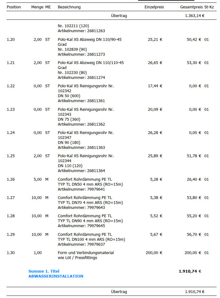 Abwasserinstallationsrechnung: Positionsliste mit Mengen und Preisen.