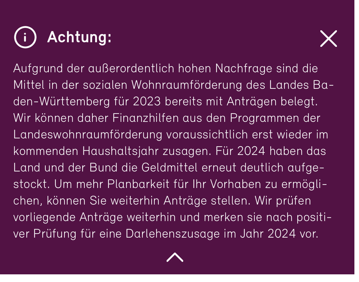 Warnhinweis-Dialog über hohe Nachfrage zur Wohnraumförderung Baden-Württemberg (2023/2024).
