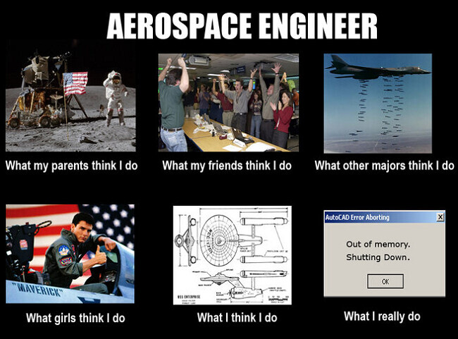 Memekollage mit dem Titel 'Aerospace Engineer' vergleicht Erwartungen und Realität.