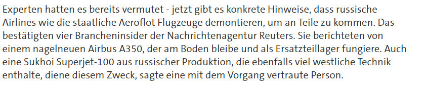 Deutscher Textausschnitt über vermutete Demontage russischer Flugzeuge und Reuters-Quellen.