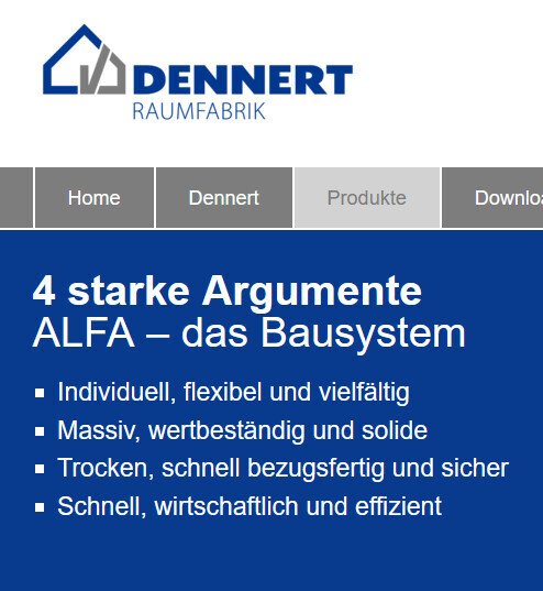 Dennert Raumfabrik Logo; Überschrift: 4 starke Argumente ALFA – das Bausystem; vier Punkte.
