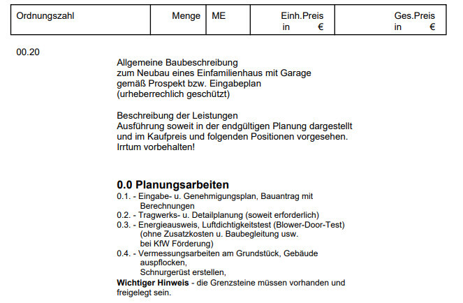 Dokumentenseite mit Planungsarbeiten zum Neubau eines Einfamilienhauses mit Garage.