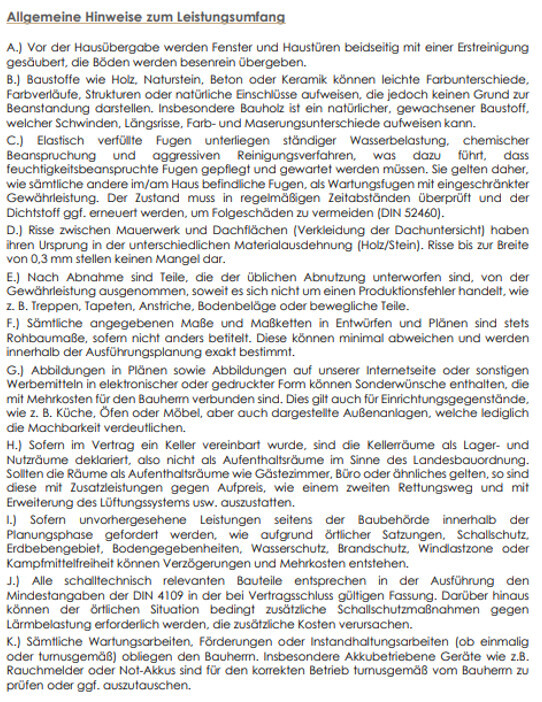 Screenshot eines Textdokuments mit allgemeinen Hinweisen zum Leistungsumfang (A–J).