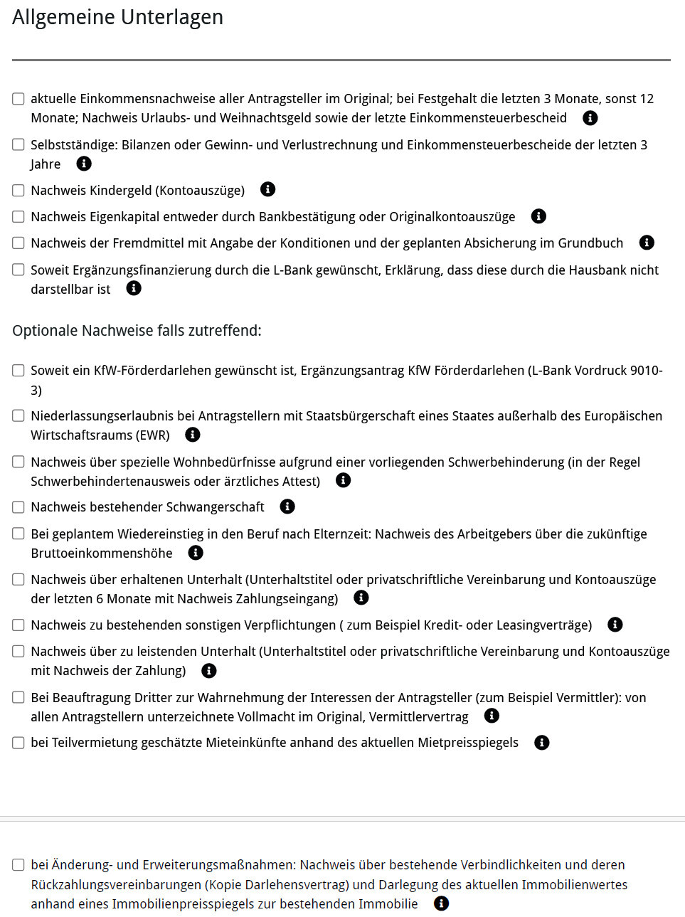 Allgemeine Unterlagen: Seite mit Checkboxen zu Nachweisen und Dokumenten.