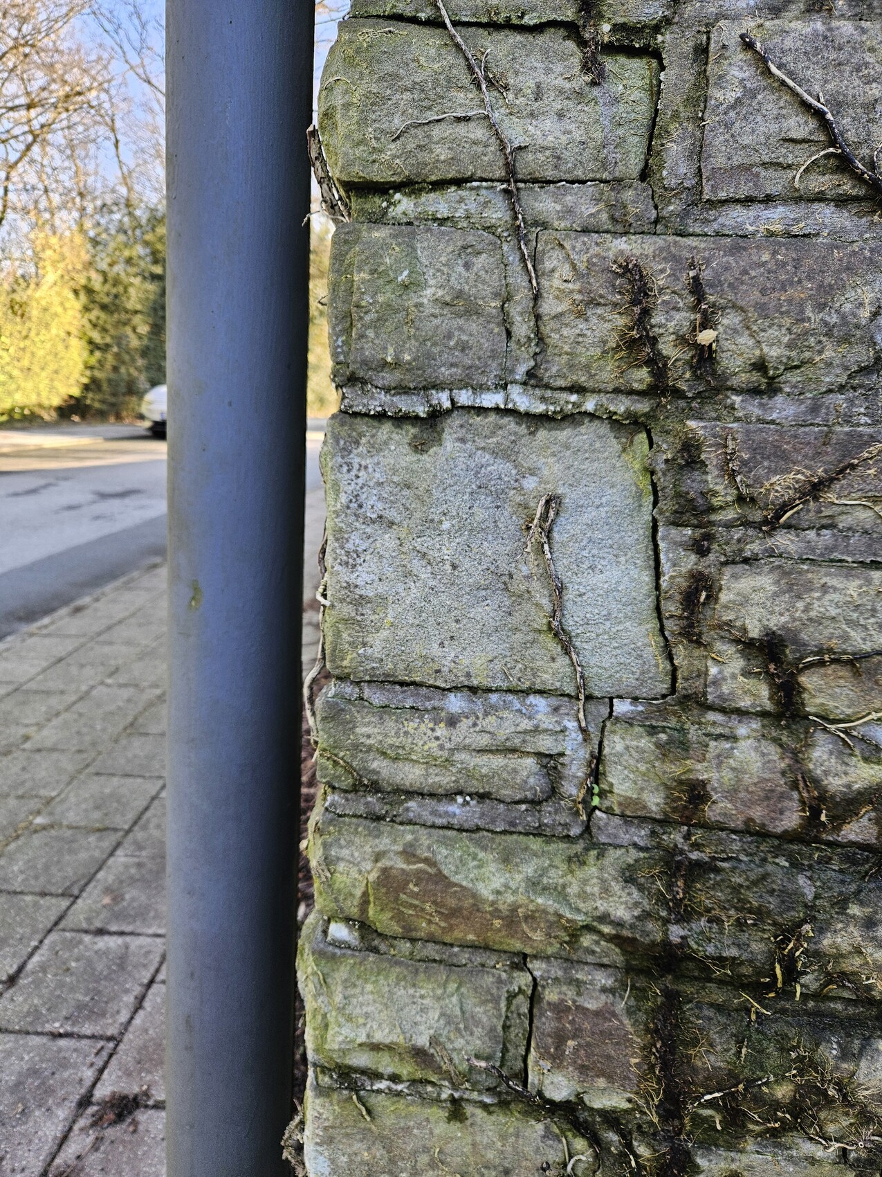 Unregelmäßige Steinmauer mit Moos am Straßenrand, daneben grauer Metallpfosten.