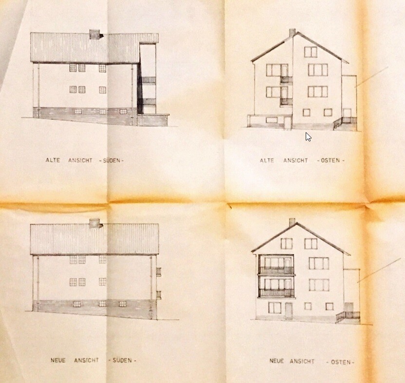 Architekturzeichnungen: alte und neue Hausansichten Süd- und Ostseite
