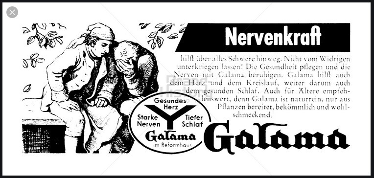 Galama Nerven-Kraft-Werbung: zwei Männer betrachten Diagramm mit gesundem Herz und starkem Nerven.