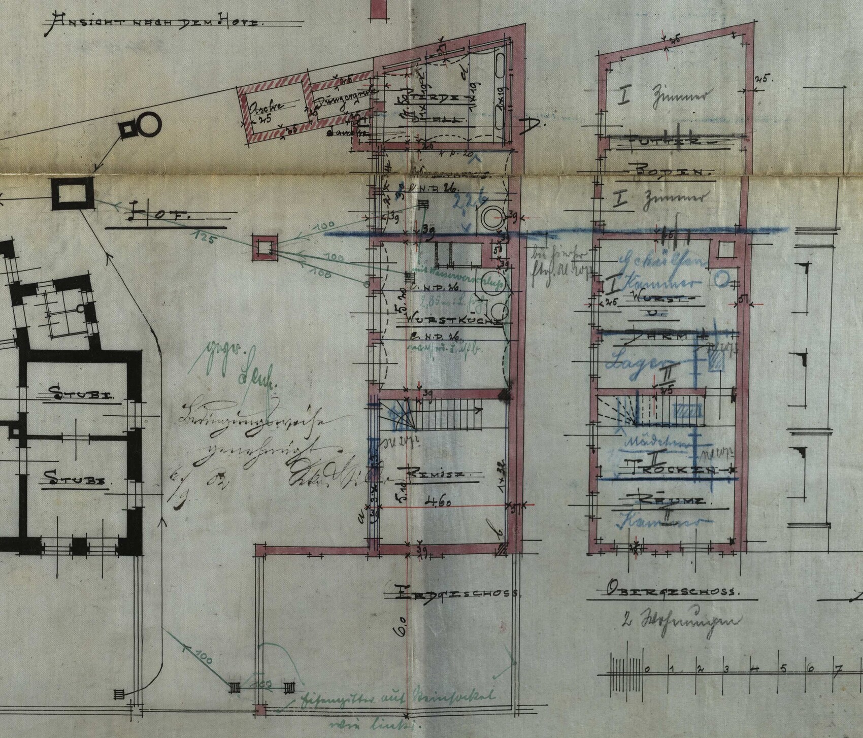 Historischer Grundrissplan eines Hauses mit Zimmern, Treppenhaus und Notizen