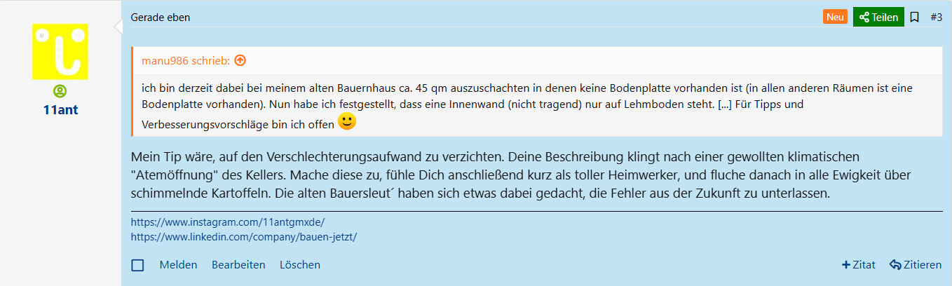 11ant-Forenbeitrag mit blauem Layout und orangefarbenem Rand.