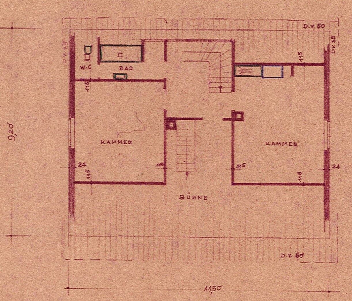 Grundriss eines Theaters: Bühne in Mitte, zwei Kammern links und rechts, Treppenhaus.