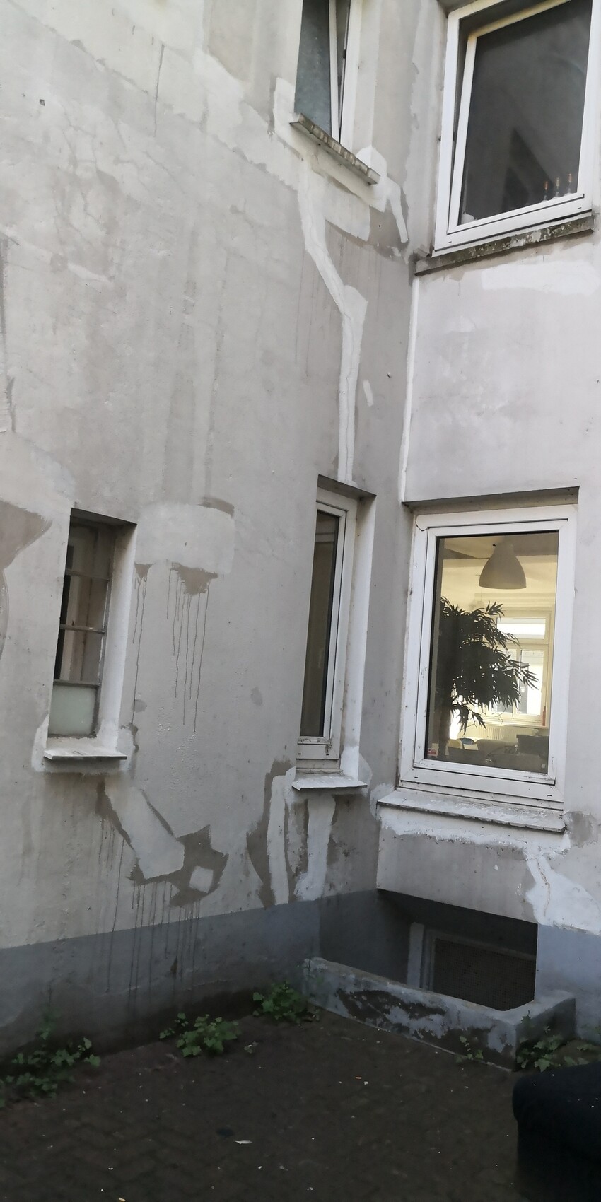 Außenfassade eines Gebäudes mit abgeplatztem Putz und zwei Fenstern; Innenraum mit Pflanze sichtbar.