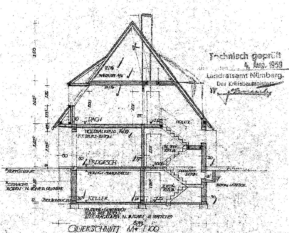 Querschnitt eines mehrstöckigen Hauses mit Keller, Treppe, Dachstuhl und Schornstein.