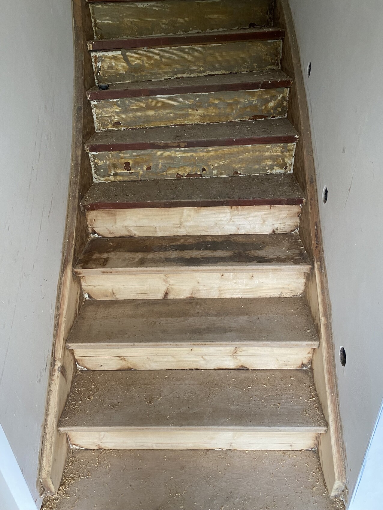 Enge Kellertreppe aus Holz, Stufen abgenutzt und staubig, lackierte Oberflächen abblätternd.