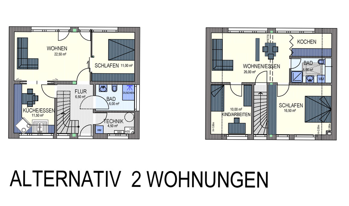 Zwei Wohnungsgrundrisse: links Küche, Wohnen, Schlafen; rechts Wohnen/Essen, Schlafen, Kochen, Bad.