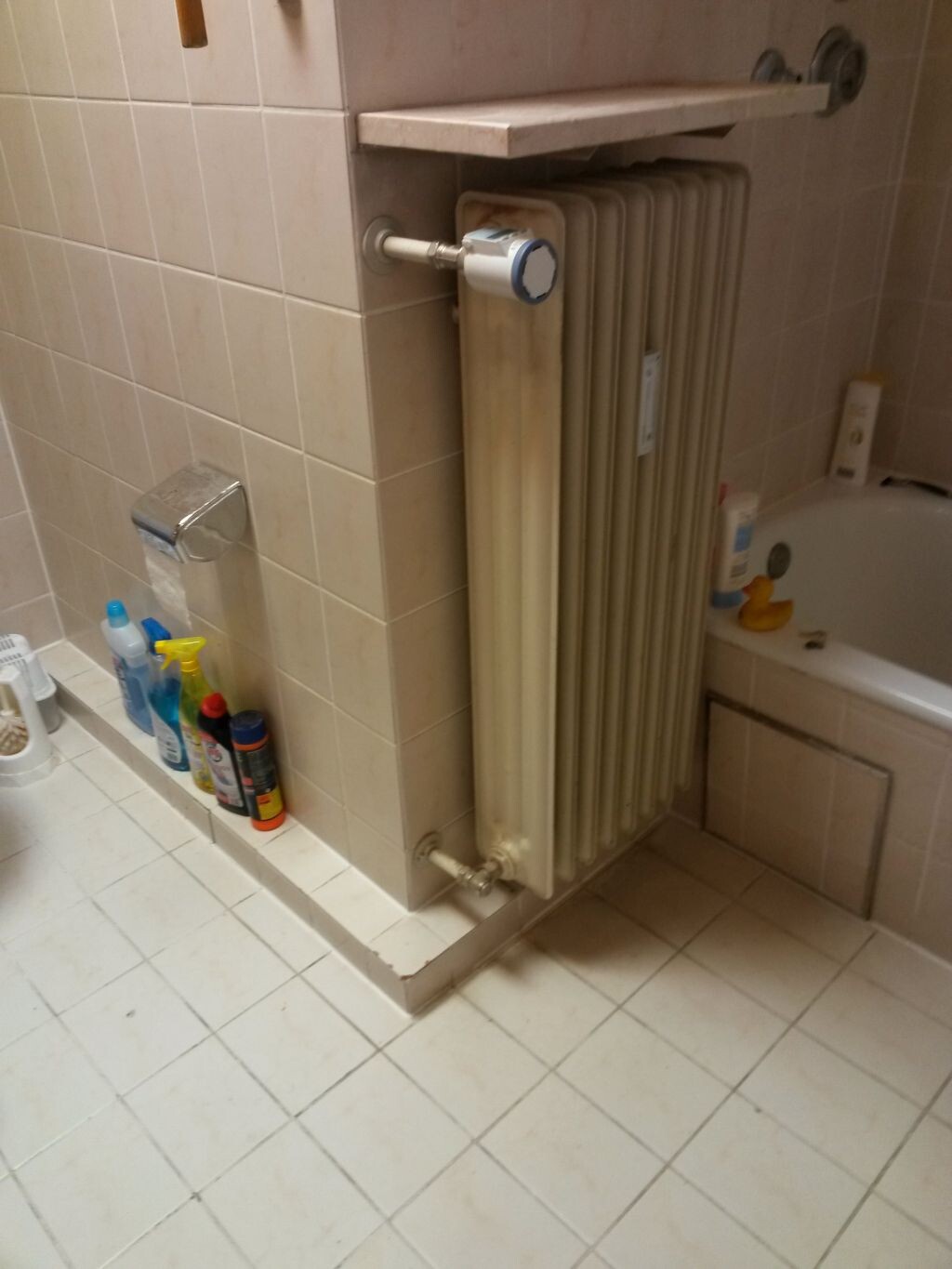 Badezimmer mit vertikalem Heizradiator, Badewanne rechts, Fliesenwände und Reinigungsmittel am Boden.
