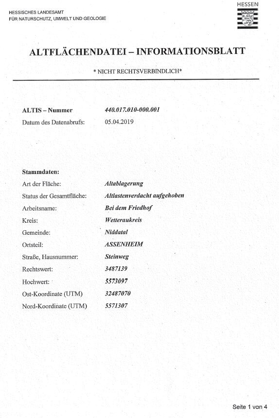 ALTFLÄCHENDATEI – Informationsblatt der hessischen Naturschutzbehörde mit Stammdaten