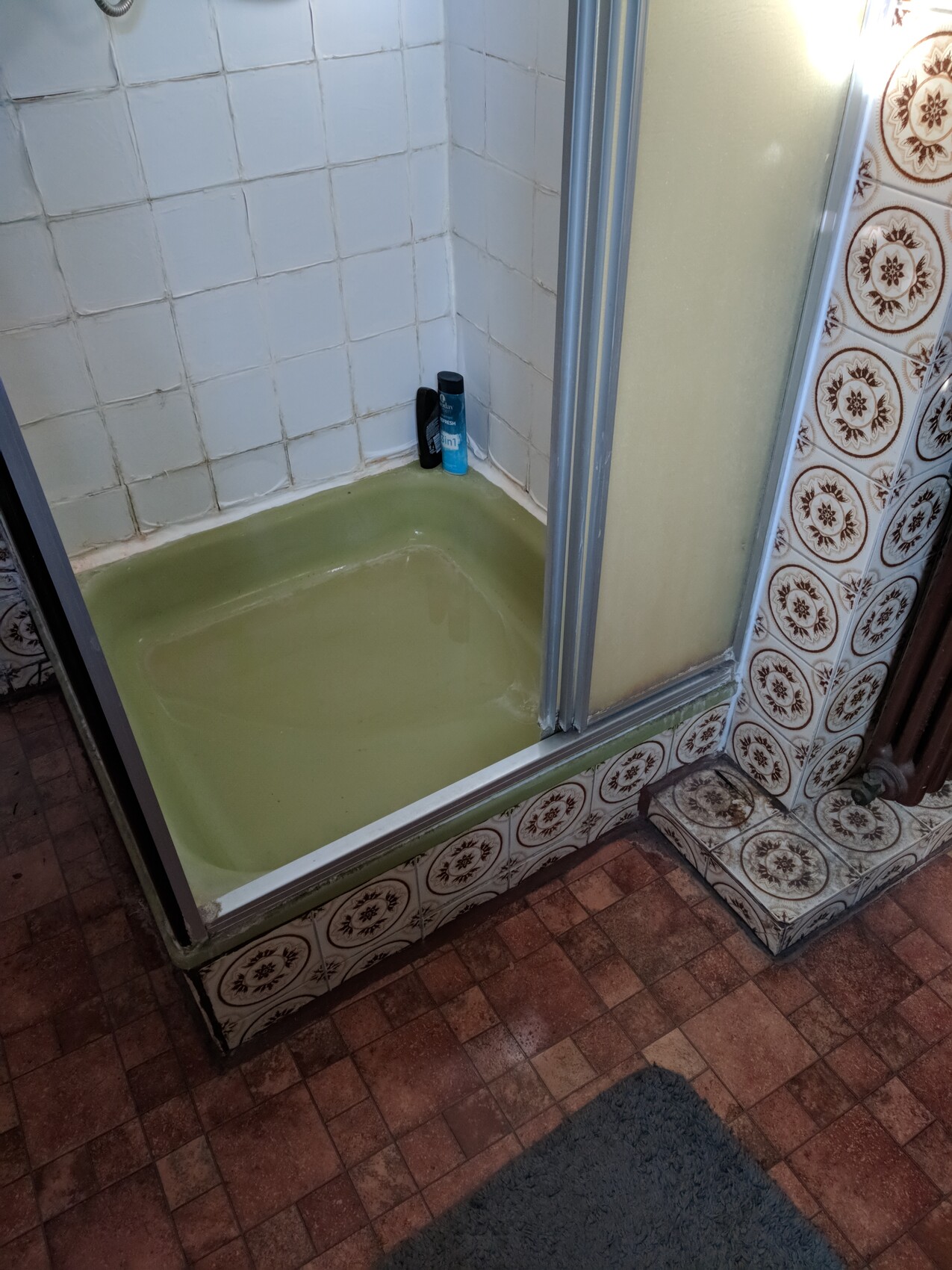 Duschkabine mit grüner Duschtasse, weißen Wandfliesen und zwei Shampoo-Flaschen in der Ecke.
