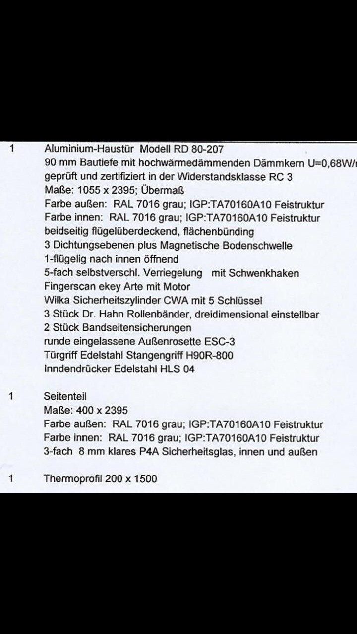 Technische Daten einer Aluminium-Haustür RD 80-207 mit Maßen und Farbangaben.