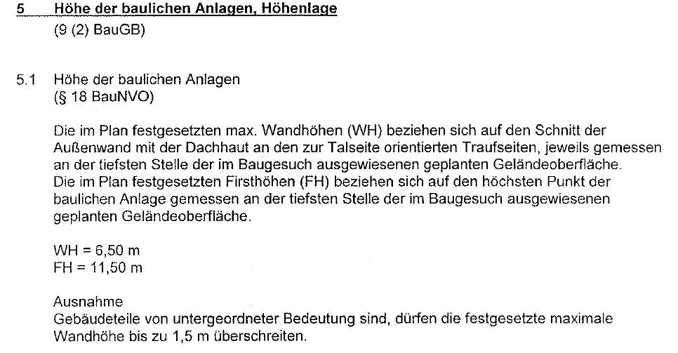 Seitenabschnitt: Höhenvorgaben baulicher Anlagen, WH 6,50 m, FH 11,50 m; Ausnahmen.