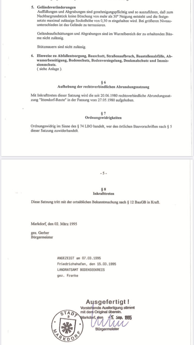 Zweiseitiges Amtsdokument: Gemeindesatzung mit Unterschriften und Stempel