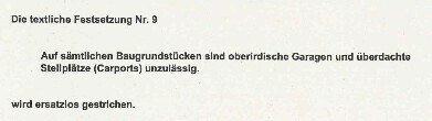 Amtliche Textseite: Garagen und ueberdachte Stellplätze verboten.