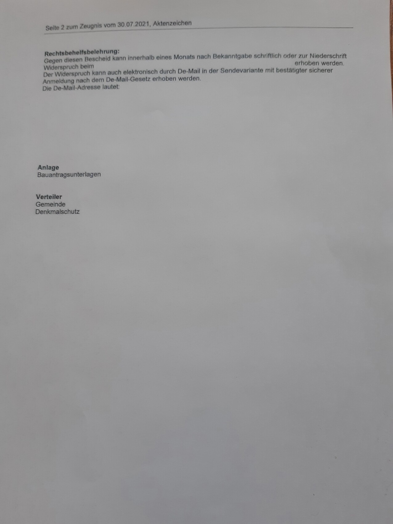 Seite 2 eines amtlichen Dokuments mit Rechtsbehelfsbelehrung und Verteiler: Gemeinde, Denkmalschutz