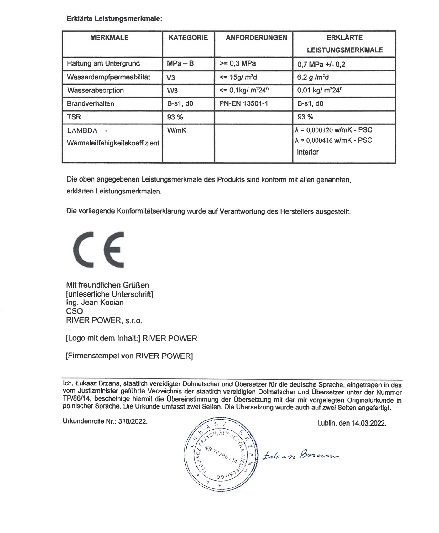 Dokument mit Leistungsmerkmalen-Tabelle, CE-Logo, Unterschrift und Stempel.