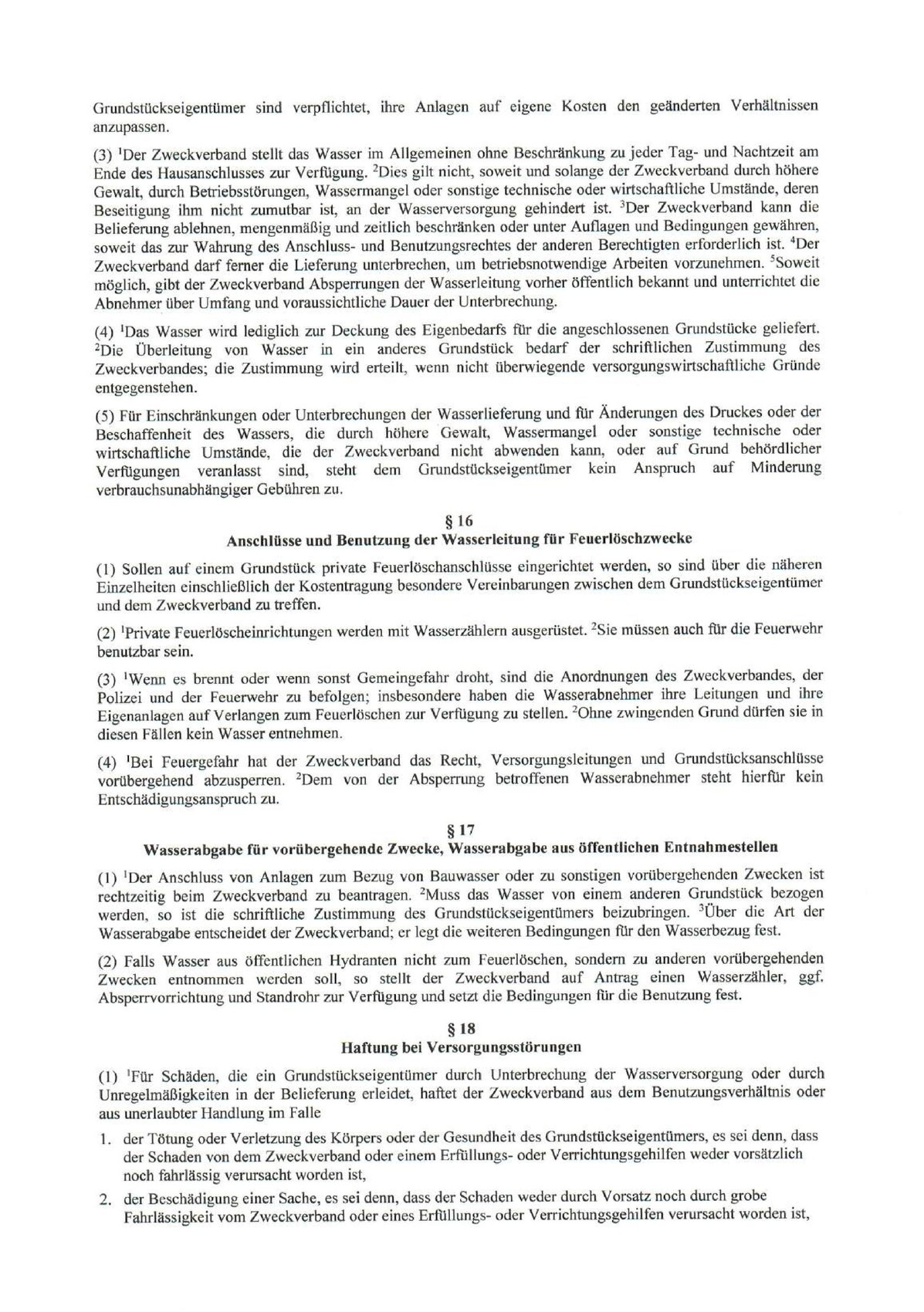 Schwarzweißes Dokument mit Paragraphen §16–§18 zu Anschlüssen, Wasserversorgung und Feuerlöschzwecken.