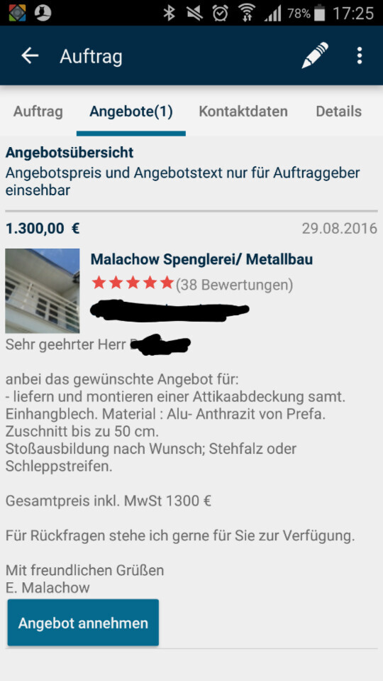 Screenshot einer Auftragsübersicht mit Angebot für Spenglerei und Metallbau auf Smartphone