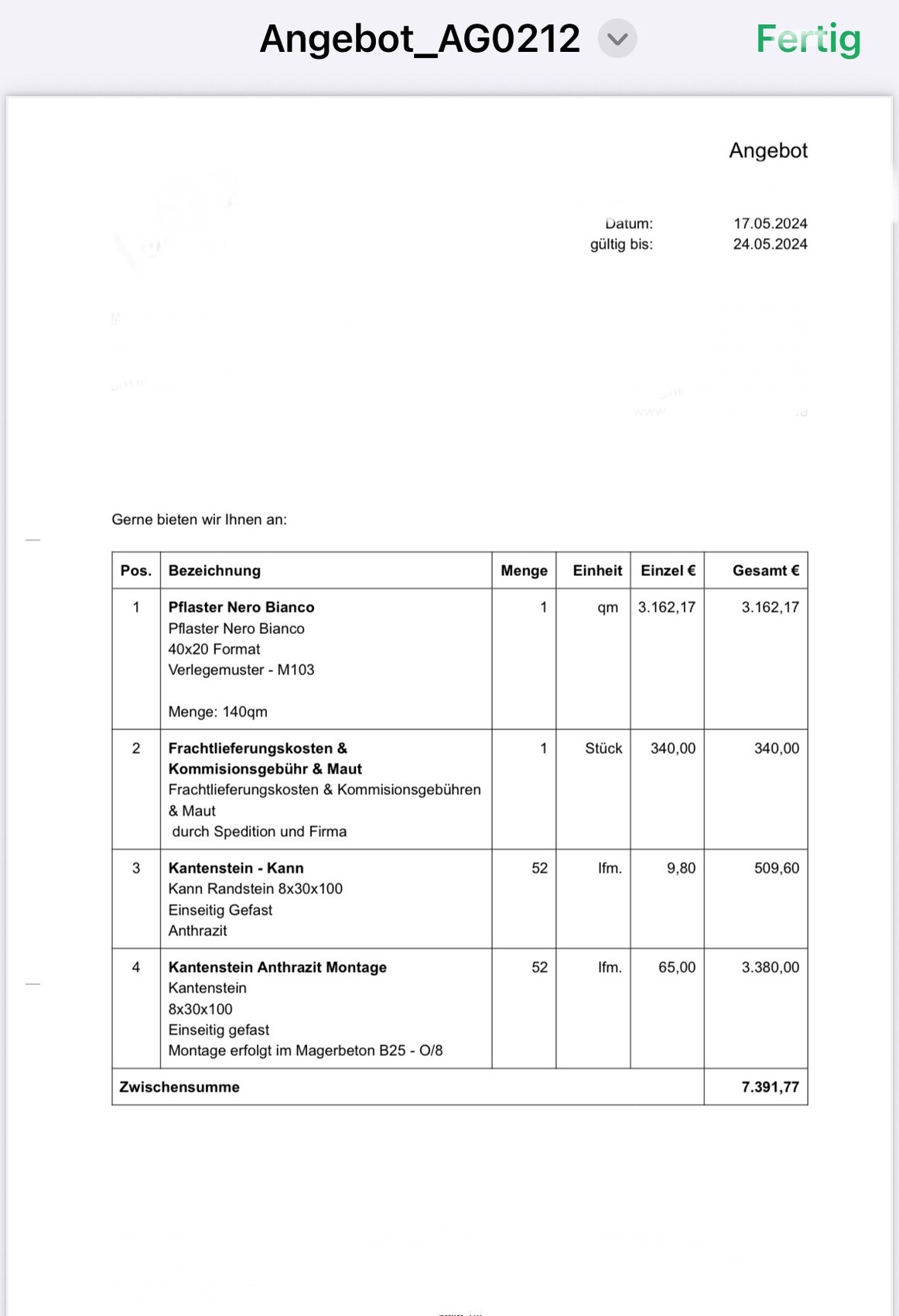 Angebot: Tabellenliste mit Positionen, Mengen und Preisen (Datum 17.05.2024).