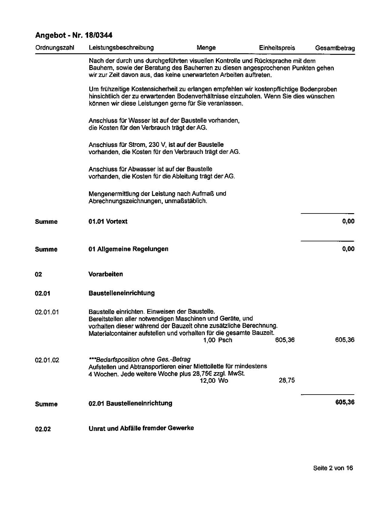Seite eines Bauangebots mit textreichen Aufstellungen zu Positionen und Kosten.