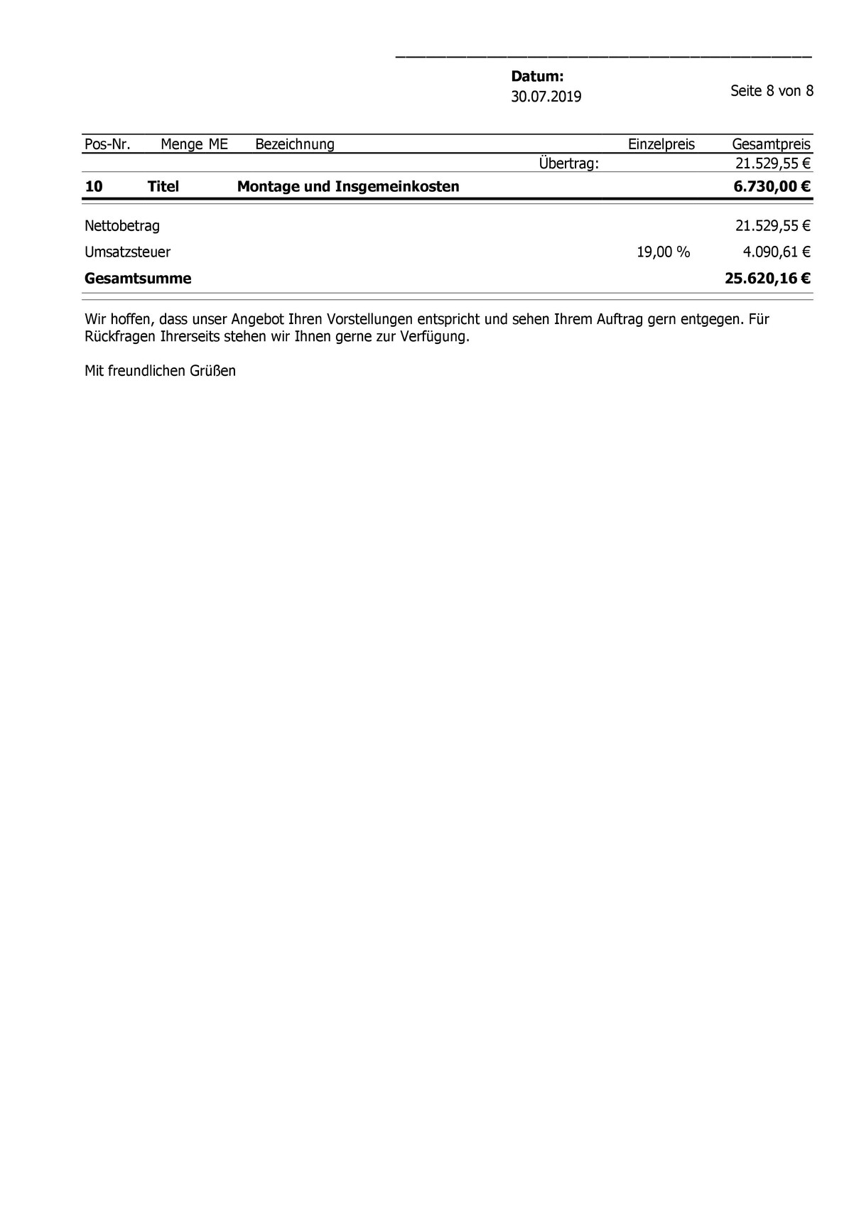 Rechnungsseite mit Positionen, Nettobetrag, Umsatzsteuer 19%, Gesamtbetrag und Abschlussgruß.