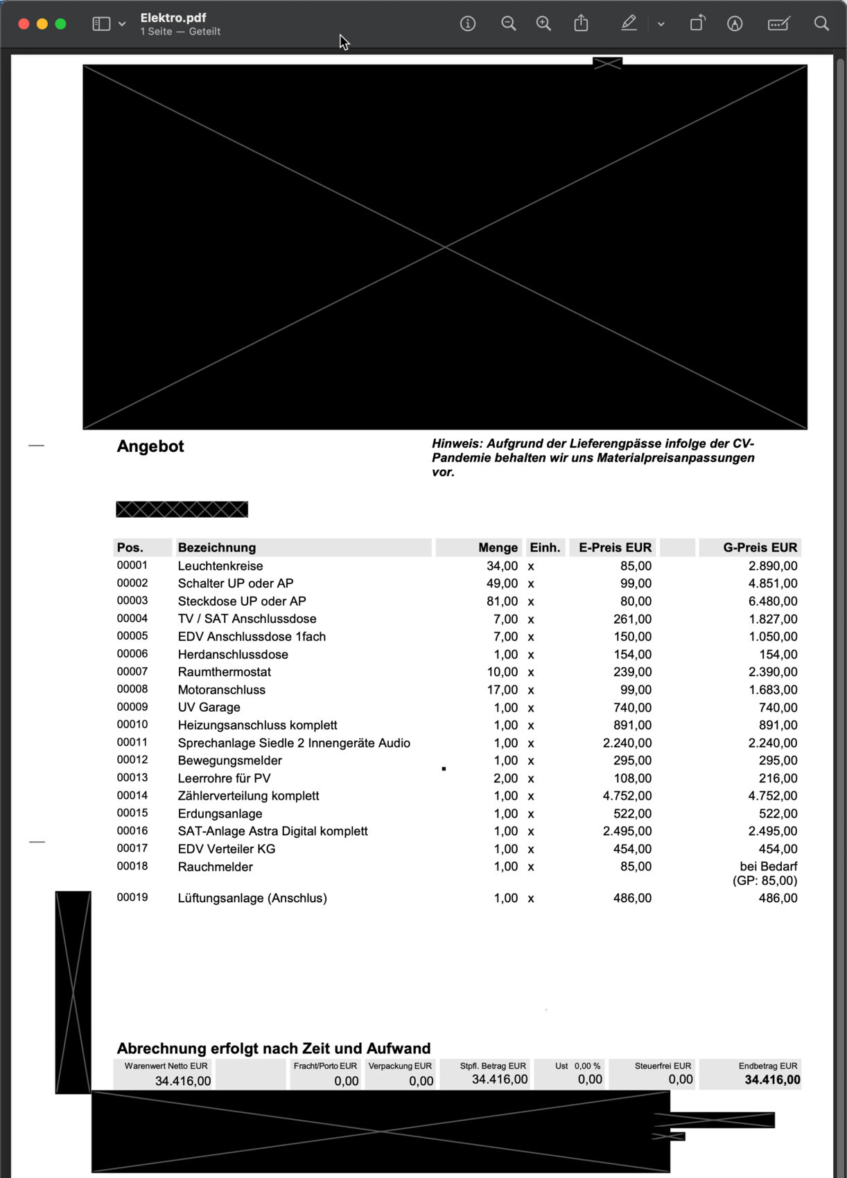 Angebotsseite mit großem schwarzen Banner, Hinweistext und tabellarischer Positionsliste mit Preisen.