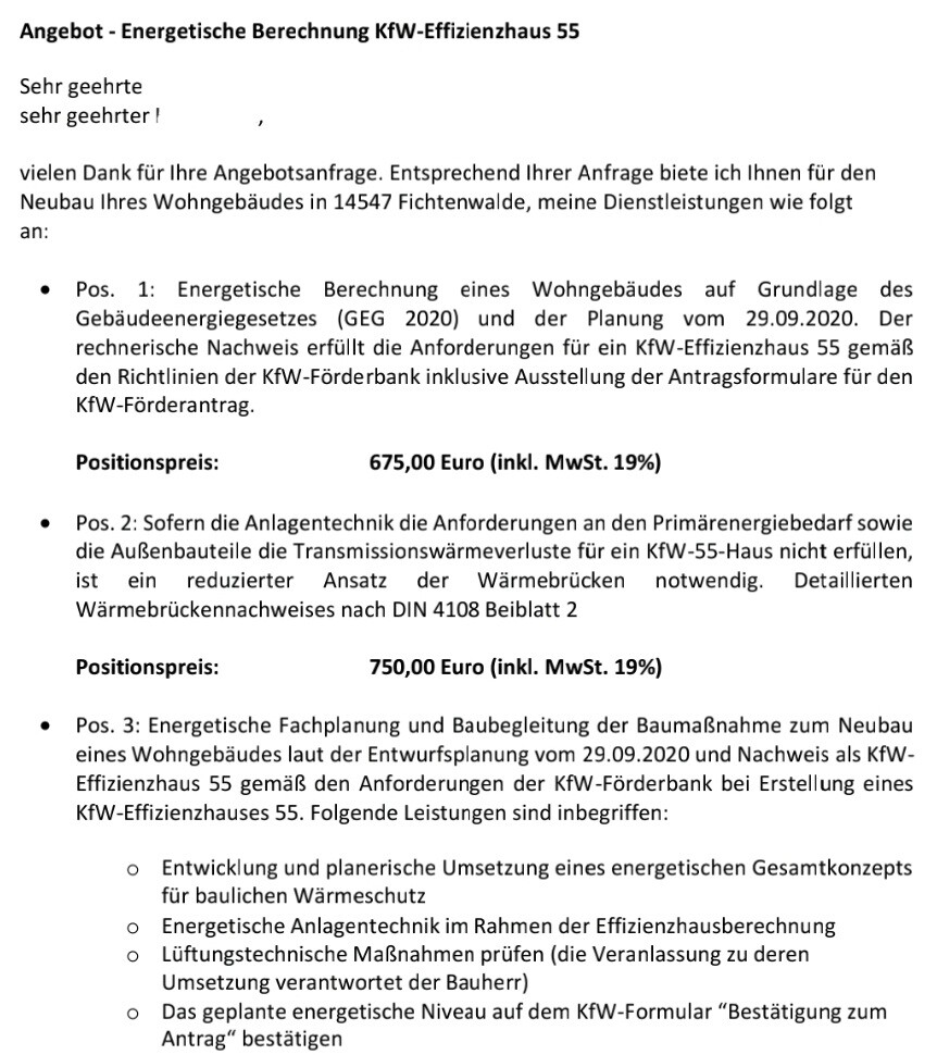 Angebot: Energetische Berechnung KfW-Effizienzhaus 55, drei Positionen mit Preisen