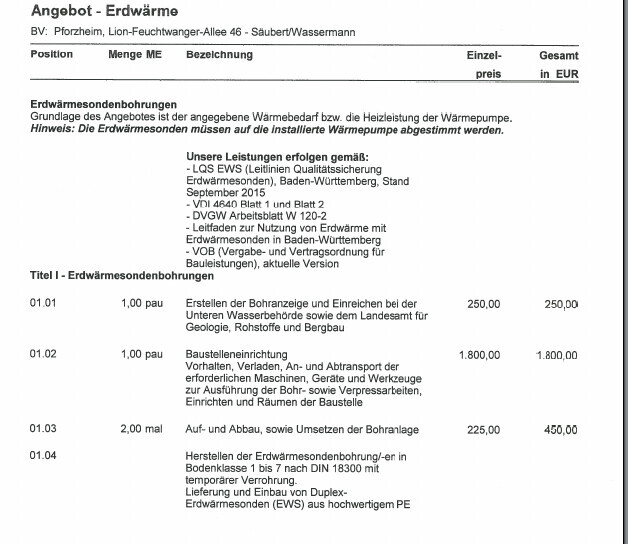 Angebot Erdwärme-Bohrungen mit Preisen und Leistungsbeschreibung
