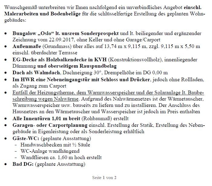 Dokument mit Bauangebot und Hinweisen zu Rohbau und Fundament eines geplanten Wohngebäudes