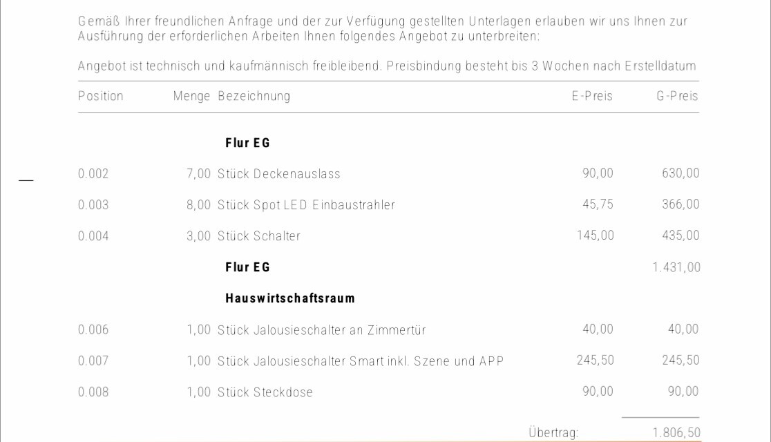 Preisangebot-Tabelle: Positionen mit Mengen, Bezeichnungen und Preisen (Flur EG, Hauswirtschaftsraum)