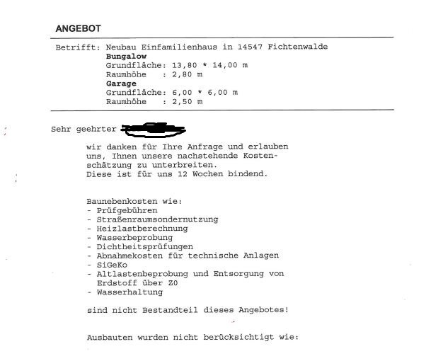 Angebotsschreiben: Neubau Einfamilienhaus mit Maßen 13,80 × 14,00 m und Baunebenkosten.