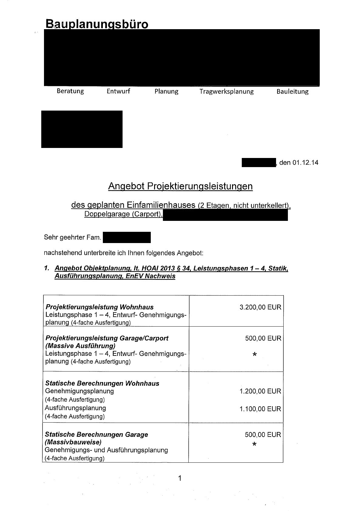 Dokument mit Bauplanungsbüro und Angebot für Einfamilienhaus-Projektierungsleistungen