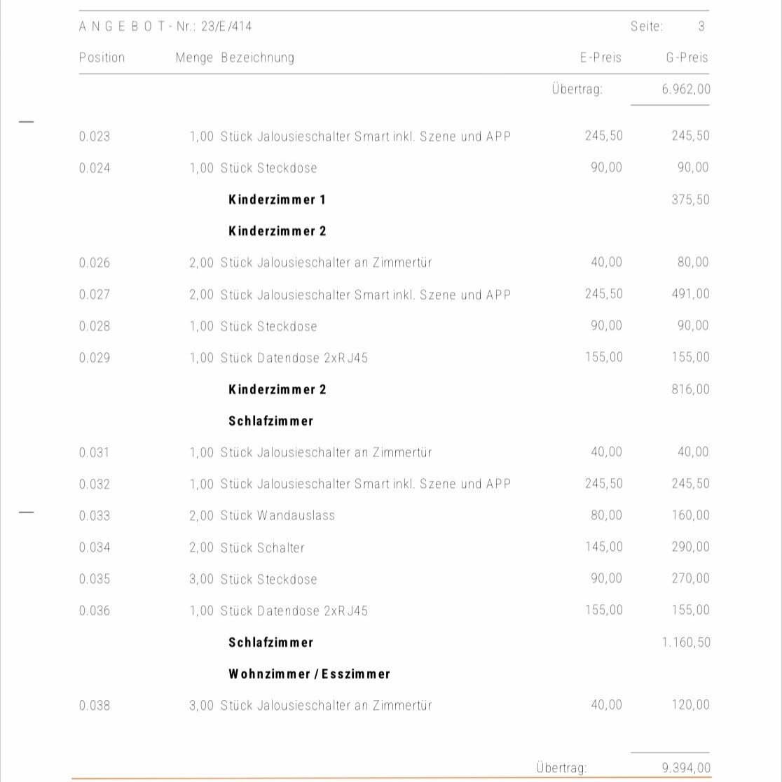 Rechnung Seite 3: Zimmer-Positionen mit Jalousieschalter, Steckdose und Datendose.