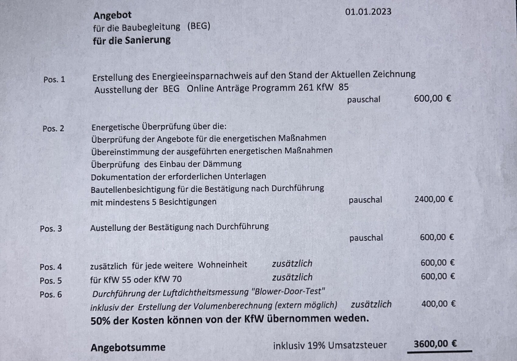 Dokument mit Angebot zur Sanierung und Energieeinsparung BEG mit Kostenaufstellung